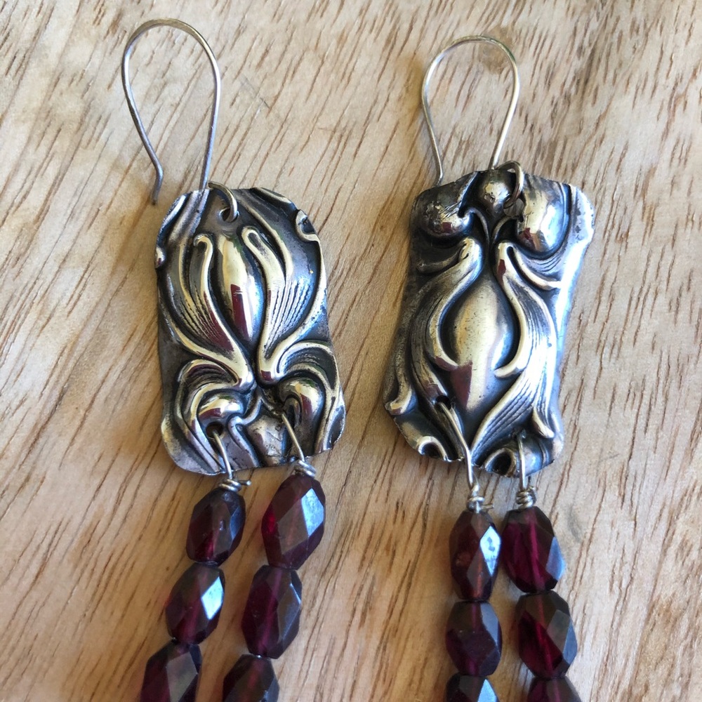 Sterling Silver Garnet Art Noureau Boho Earring 💋 - Picture 9 of 10